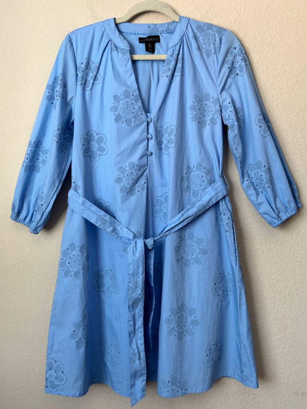 Cynthia Rowley Floral Embroidered Eyelet Tie Waist 3/4 Sleeve Dress